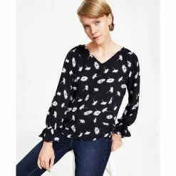 Cheap ✨ Bar III 👩 Women's Floral V-Neck Long-Sleeve Top, Created For Macy's Black Multi 👏