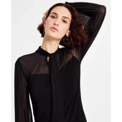 Best Pirce 🌟 Bar III 👩 Women's Tie-Neck Mesh-Sleeve Top, Created For Macy's Black ✔️ -Cheap Bar III Store unnamed file 276