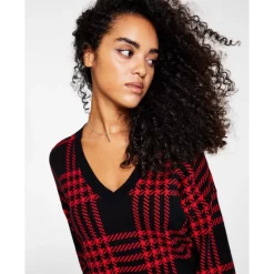 New 😉 Bar III 👩 Women's Plaid V-Neck Drop-Shoulder Sweater, Created For Macy's Red Blk Plaid 🛒 -Cheap Bar III Store unnamed file 31