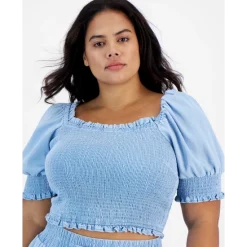 Coupon ⭐ Bar III Plus Size Chambray Smocked Puff-Sleeve Crop Top, Created For Macy's Blue Whisper 🛒 -Cheap Bar III Store unnamed file 314