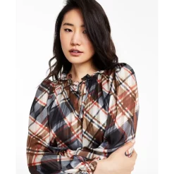Brand new ⌛ Bar III 👩 Women's Plaid Long-Sleeve Ruffled Tie-Neck Blouse, Created For Macy's Black Combo 💯 -Cheap Bar III Store unnamed file 331