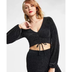 Outlet 🔔 Bar III 👩 Women's Sparkling Caviar Long-Sleeve Crop Top, Created For Macy's Deep Black ❤️ -Cheap Bar III Store unnamed file 341
