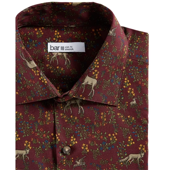 New 🌟 Bar III Men's Slim-Fit Performance Stretch Forest-Print 👗 Dress 👚 Shirt, Created For Macy's Burgundy 🌟 6 New 🌟 Bar III Men's Slim-Fit Performance Stretch Forest-Print 👗 Dress 👚 Shirt, Created For Macy's Burgundy 🌟 - Image 6