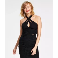 Budget 🎉 Bar III 👩 Women's Mesh Keyhole Halter-Style Top, Created For Macy's Deep Black 🎁 -Cheap Bar III Store unnamed file 370
