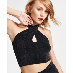 Best Sale 🎉 Bar III 👩 Women's Caviar Sparkling Halter-Neck Keyhole Tank Top, Created For Macy's Deep Black 🤩 -Cheap Bar III Store unnamed file 372
