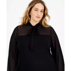Hot Sale 😉 Bar III Plus Size Tie-Neck Mesh-Contrast Blouse, Created For Macy's Black 🎁 -Cheap Bar III Store unnamed file 410