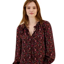 Discount 🎉 Bar III 👩 Women's Floral-Print Ruffle-Neck Top, Created For Macy's Gaucho Brown Combo ⌛ -Cheap Bar III Store unnamed file 433