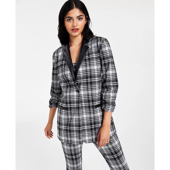 Coupon ⭐ Bar III 👩 Women’s Plaid-Print Faux-Leather-Trim Blazer, Created For Macy’s Classic Plaid 🤩 4 Coupon ⭐ Bar III 👩 Women’s Plaid-Print Faux-Leather-Trim Blazer, Created For Macy’s Classic Plaid 🤩 - Image 4