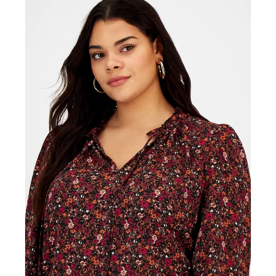 Discount ๐ Bar III Plus Size Floral-Print Ruffle-Neck Blouse, Created For Macy's Gaucho Brown Combo โ 4 Discount ๐ Bar III Plus Size Floral-Print Ruffle-Neck Blouse, Created For Macy's Gaucho Brown Combo โ - Image 4