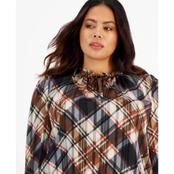 Best deal ✔️ Bar III Plus Size Plaid Long Sleeve Ruffled Tie-Neck Blouse, Created For Macy's Black Combo 👏 -Cheap Bar III Store unnamed file 482