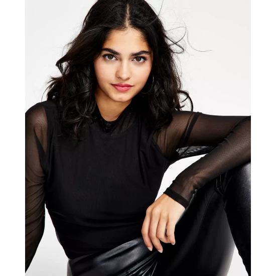Outlet π€© Bar III π© Women's Mesh Mock-Neck Sheer-Sleeve Tie-Back Top, Created For Macy's Deep Black β¨ 2 Outlet π€© Bar III π© Women's Mesh Mock-Neck Sheer-Sleeve Tie-Back Top, Created For Macy's Deep Black β¨ - Image 2