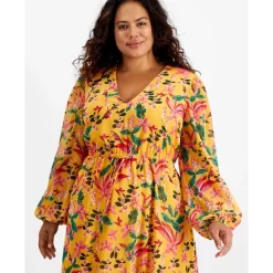 Coupon 🔥 Bar III Plus Size Printed V-Neck Long-Sleeve Maxi 👗 Dress, Created For Macy's Kauai Garden 🎉 -Cheap Bar III Store unnamed file 504