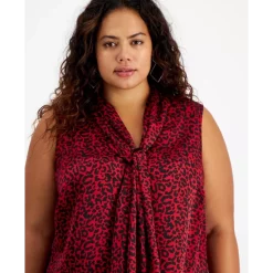 Hot Sale 😍 Bar III Plus Size Animal-Print Tie-Neck Sleeveless Top, Created For Macy's Morello Cherry Multi ⭐ -Cheap Bar III Store unnamed file 588