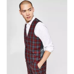 Promo ⭐ Bar III Men's Slim-Fit Red/Gray Plaid Suit Vest, Created For Macy's Red Grey 😍 -Cheap Bar III Store unnamed file 621