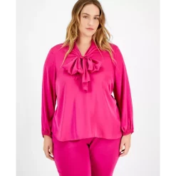 Brand new ⌛ Bar III 👩 Women's Plaid Long-Sleeve Ruffled Tie-Neck Blouse, Created For Macy's Black Combo 💯