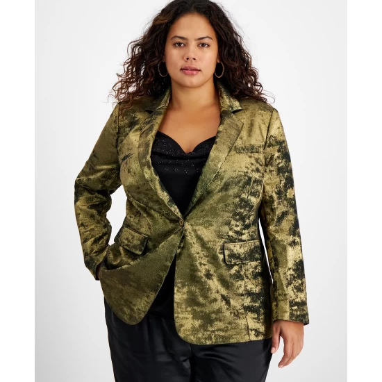 Budget ๐ Bar III Plus Size Metallic Notched Collar One-Button Jacket, Created For Macy's Pine Mist/gold ๐ 5 Budget ๐ Bar III Plus Size Metallic Notched Collar One-Button Jacket, Created For Macy's Pine Mist/gold ๐ - Image 5