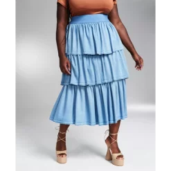 Cheapest 😀 Bar III GooGoo Atkins Trendy Plus Size Tiered Chambray Ruffle Maxi 👗 Skirt, Created For Macy's Light Denim Wsh 🤩 -Cheap Bar III Store unnamed file 869