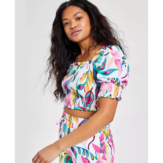 Flash Sale 💯 Bar III 👩 Women's Smocked Puff-Sleeve Crop Top, Created For Macy's Barbados Orchid 🤩 4 Flash Sale 💯 Bar III 👩 Women's Smocked Puff-Sleeve Crop Top, Created For Macy's Barbados Orchid 🤩 - Image 4