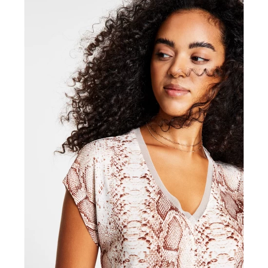 Hot Sale 🥰 Bar III 👩 Women's Snake-Print Mesh-Trim V-Neck Top, Created For Macy's Snake Python 👍 4 Hot Sale 🥰 Bar III 👩 Women's Snake-Print Mesh-Trim V-Neck Top, Created For Macy's Snake Python 👍 - Image 4