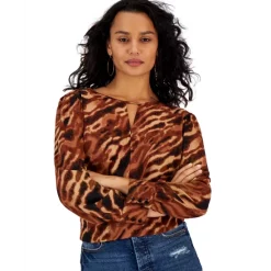 Best deal 👏 Bar III 👩 Women's Animal-Print Keyhole Blouse, Created For Macy's Gaucho Brown Combo ⭐ -Cheap Bar III Store unnamed file 936
